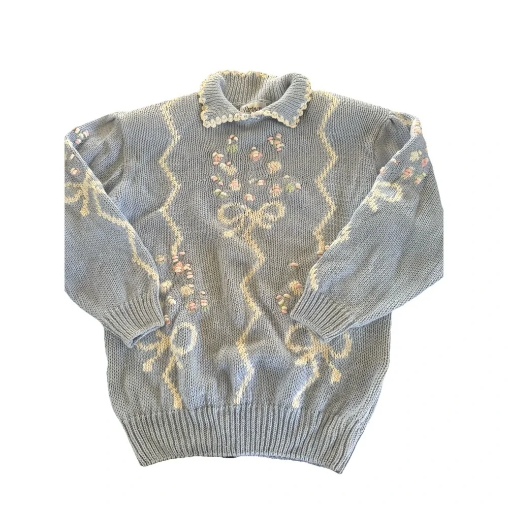 VTG Collared‎ Knit Sweater Large Floral Boho Feminine Cottagecore Granny Twee